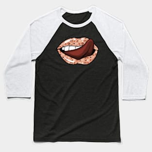 Artistic Abstract Bread and Pastries Pattern Lips with Brown Tongue - by Iskybibblle Baseball T-Shirt